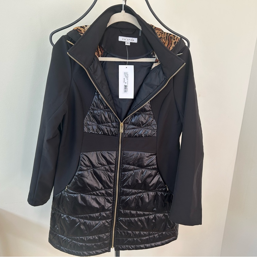NWT Via Spiga Mixed Look Quilted/Poly Hooded Light Weight Hooded/Zip Coat M